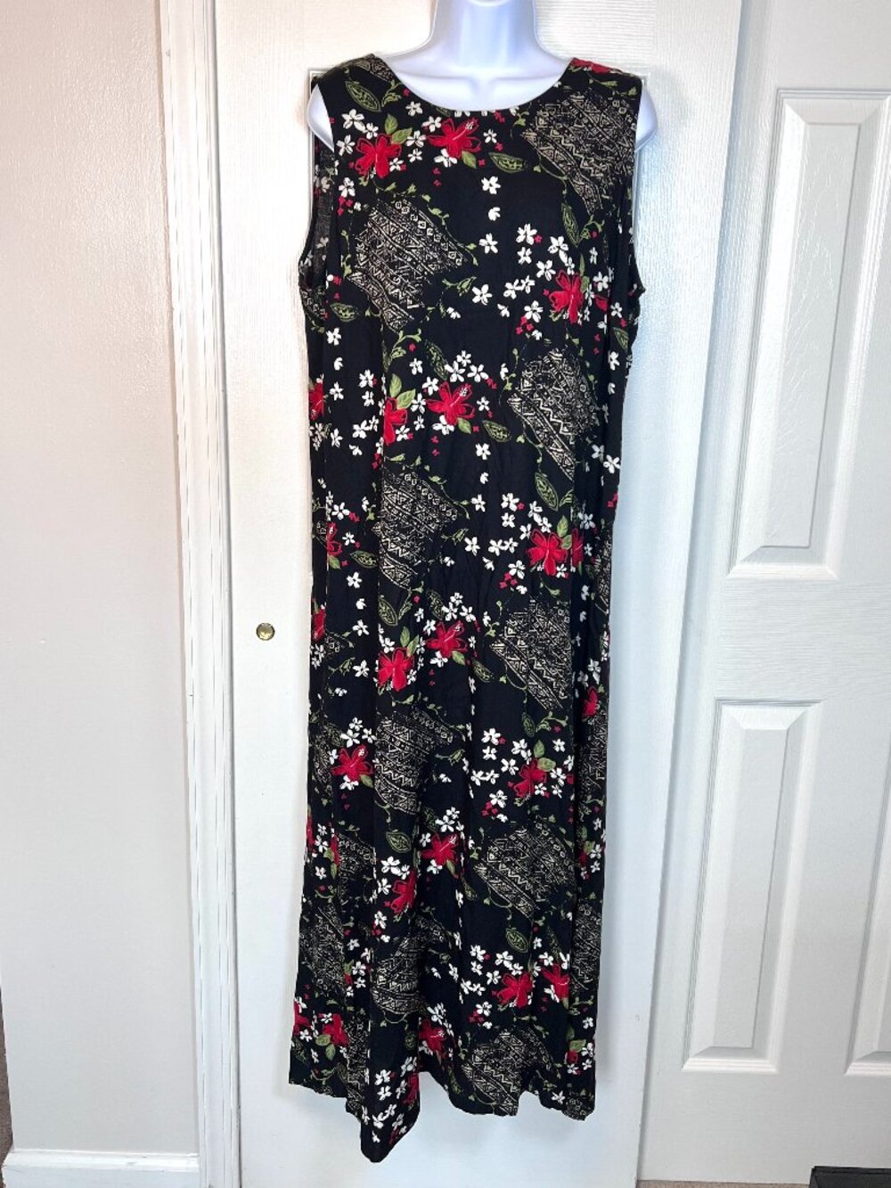 Vintage 90's Ease Sport Black Floral Maxi Shift Dress Size 14 Casual Artsy